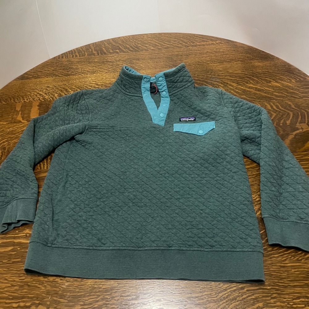 Patagonia Cotton Quilt Snap-T Pullover Women Size L Green Diamond Quilted 25281